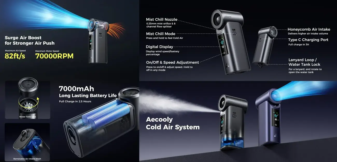 Aecooly Cold Air Ultra PM01S 7000mAh Portable Misting Fan with Color Touchscreen image 4